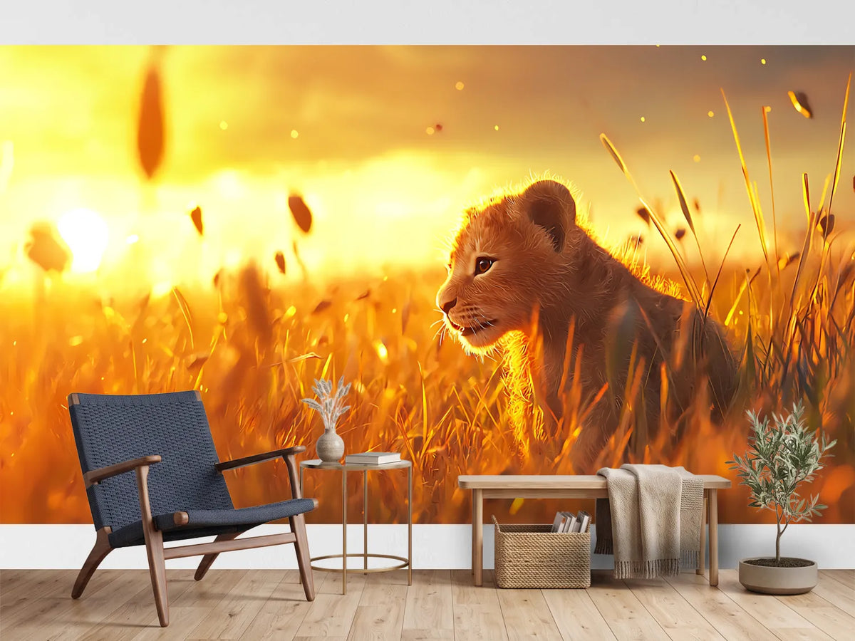 photo-wallpaper-a-baby-lion-is-sitting-in-the-grass-in-front-of-a-sunset
