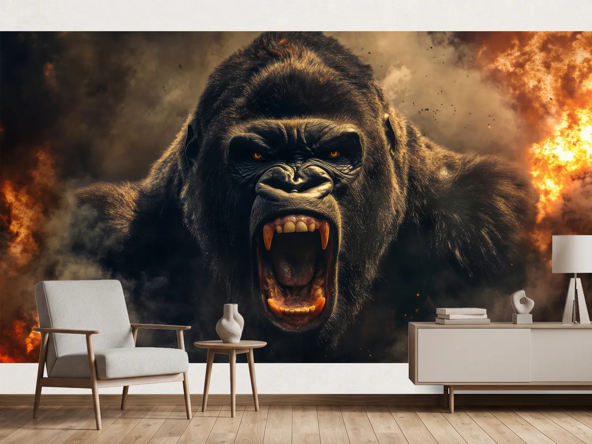 photo-wallpaper-angry-gorilla-roaring-amidst-flames-and-smoke