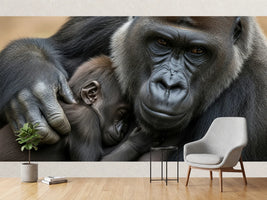 photo-wallpaper-gorilla-mother-cradling-her-sleeping-infant-in-warm-light