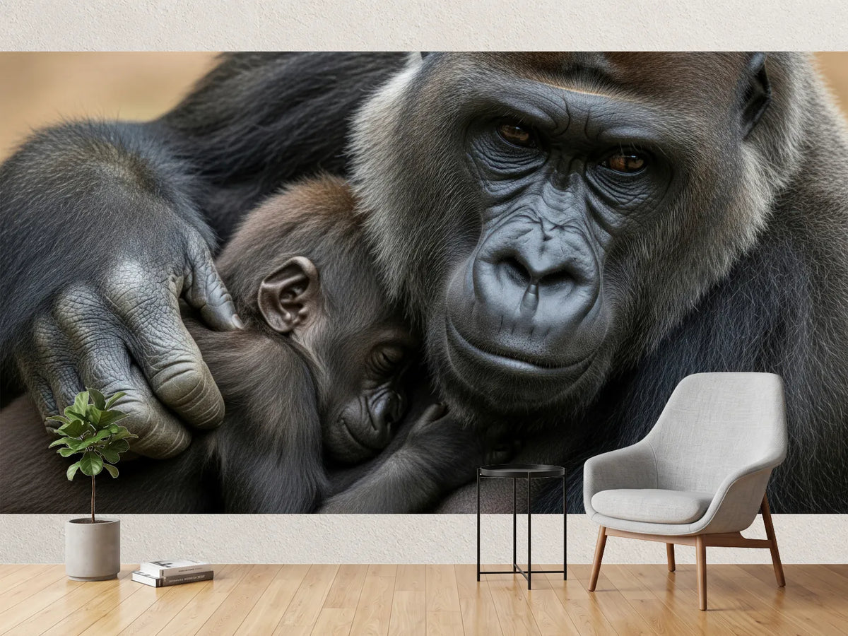 photo-wallpaper-gorilla-mother-cradling-her-sleeping-infant-in-warm-light