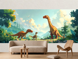 photo-wallpaper-friendly-dinosaurs-in-a-green-prehistoric-valley-gentle-illustration