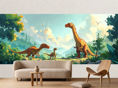photo-wallpaper-friendly-dinosaurs-in-a-green-prehistoric-valley-gentle-illustration