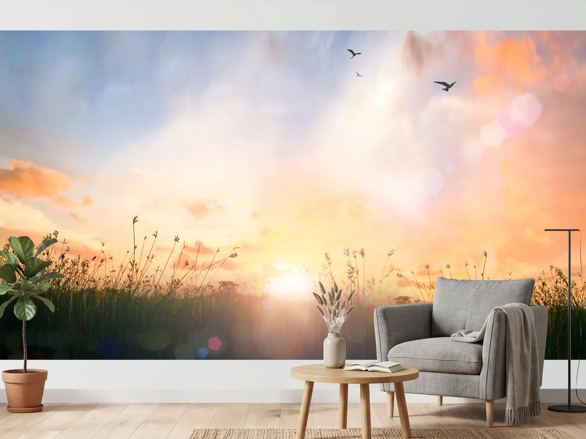 photo-wallpaper-sunrise-over-the-meadow-with-birds-in-golden-light
