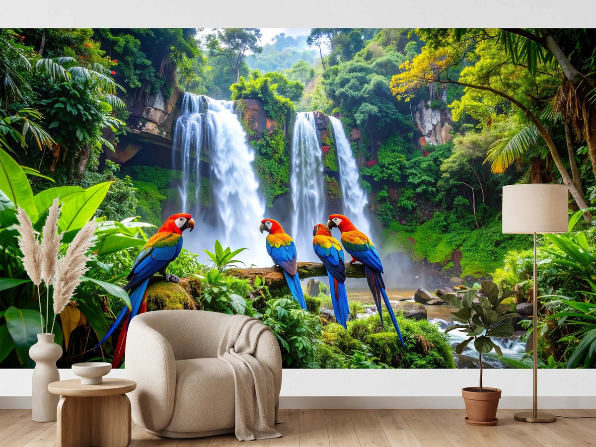 photo-wallpaper-scarlet-macaws-before-a-thundering-jungle-waterfall-in-deep-green