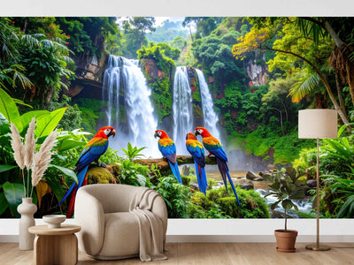 photo-wallpaper-scarlet-macaws-before-a-thundering-jungle-waterfall-in-deep-green