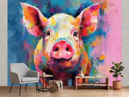 photo-wallpaper-a-pop-art-style-painting-of-a-pig-generative-ai