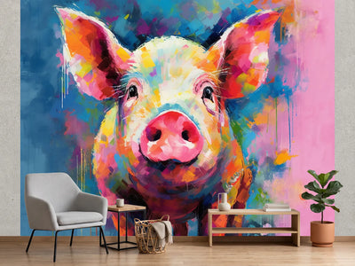 photo-wallpaper-a-pop-art-style-painting-of-a-pig-generative-ai