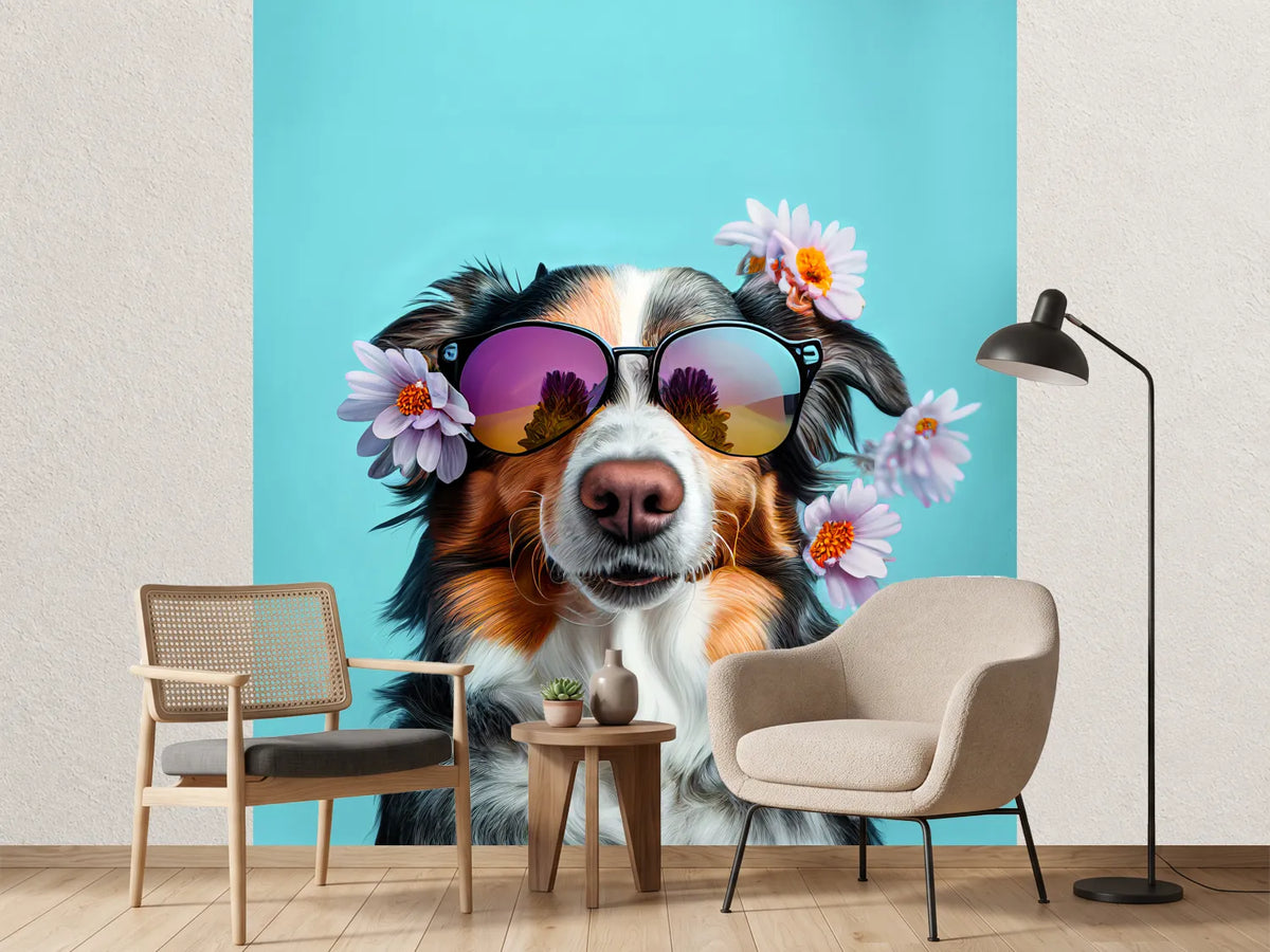 photo-wallpaper-dog-in-sunglasses-with-blossoms-on-turquoise
