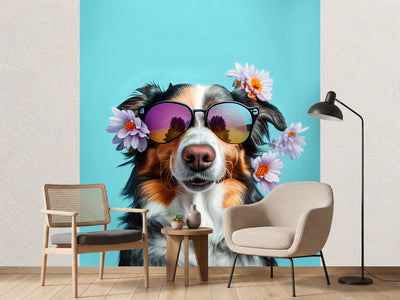 photo-wallpaper-dog-in-sunglasses-with-blossoms-on-turquoise