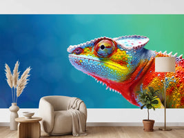 photo-wallpaper-colorful-chameleon-on-a-blue-background-generative-ai