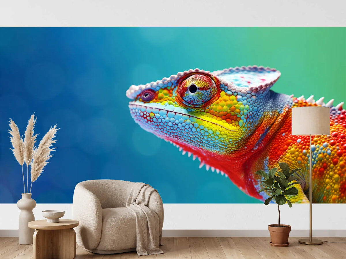 photo-wallpaper-colorful-chameleon-on-a-blue-background-generative-ai