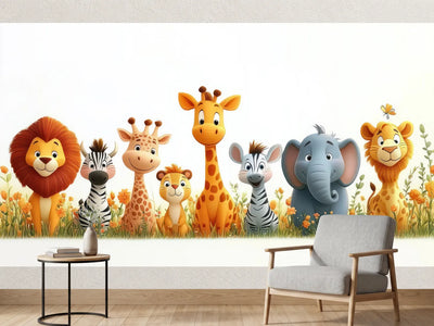 photo-wallpaper-cheerful-safari-animals-in-a-meadow-of-orange-flowers