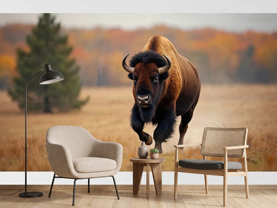 photo-wallpaper-bison-charging-through-golden-autumn-prairie-grass