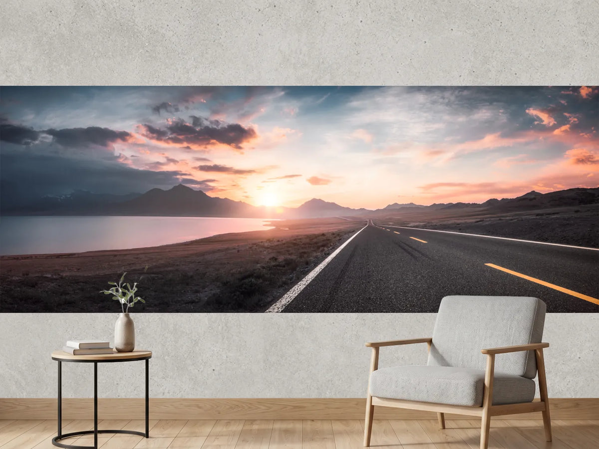 photo-wallpaper-lake-and-road-at-sunset