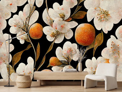 photo-wallpaper-white-flowers-and-oranges-on-deep-black