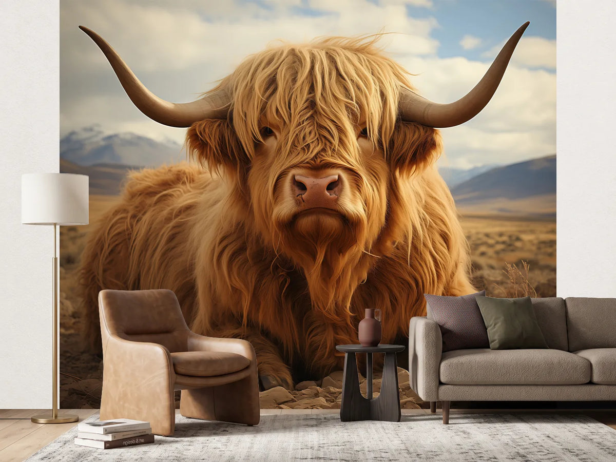 photo-wallpaper-shaggy-highland-cow-resting-before-a-wide-mountain-steppe