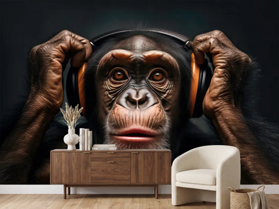 photo-wallpaper-chimpanzee-with-headphones-generative-ai