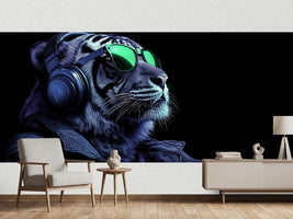 photo-wallpaper-tiger-wearing-headphones-and-neon-green-sunglasses-in-blue-darkness