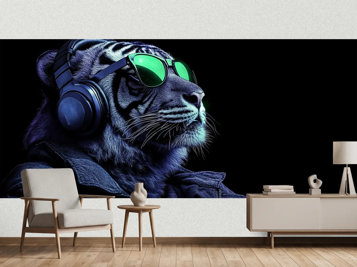 photo-wallpaper-tiger-wearing-headphones-and-neon-green-sunglasses-in-blue-darkness