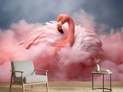 photo-wallpaper-flamingo-nestled-in-pink-feather-clouds-under-a-grey-sky