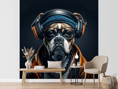 photo-wallpaper-portrait-of-dog-wearing-hat-and-headphone-with-generative-ai