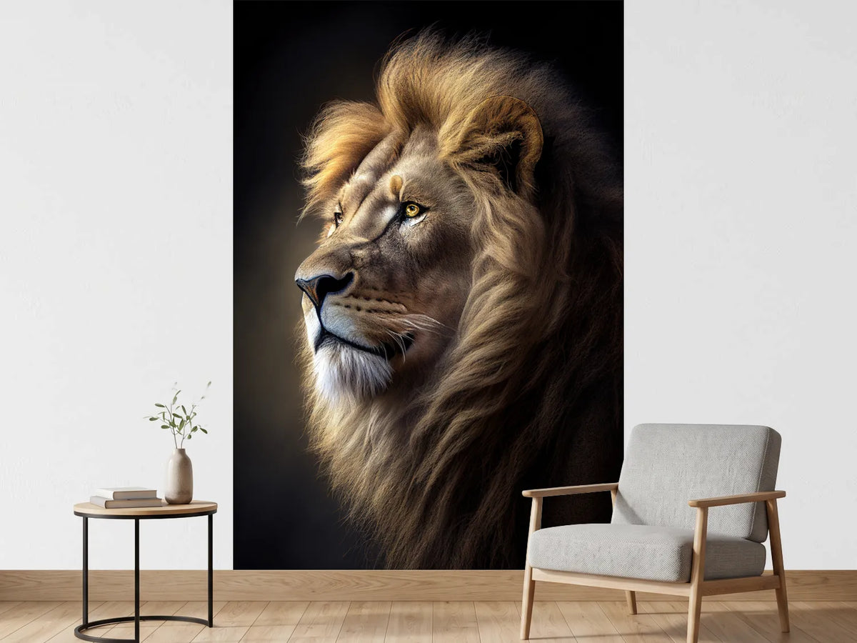 photo-wallpaper-lion-in-profile-with-golden-mane-against-deep-darkness
