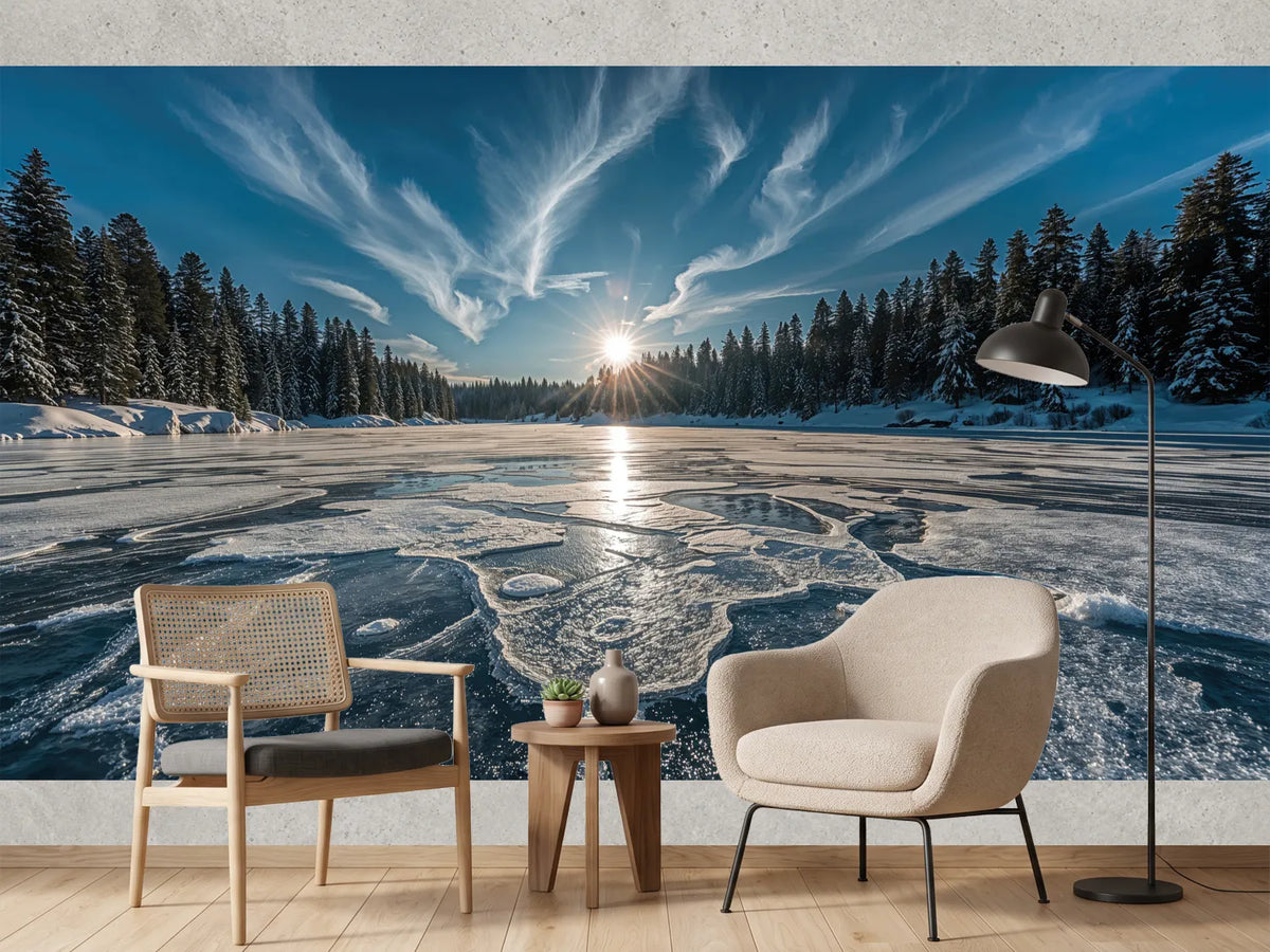 photo-wallpaper-frozen-lake-with-sunburst-over-snowy-conifer-forest