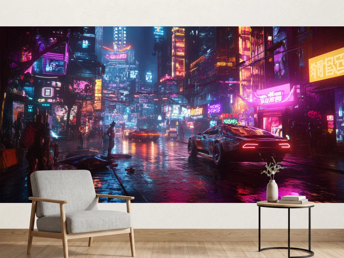 photo-wallpaper-neon-city-in-the-rain-sports-car-on-mirrored-asphalt
