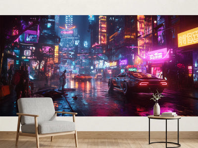 photo-wallpaper-neon-city-in-the-rain-sports-car-on-mirrored-asphalt