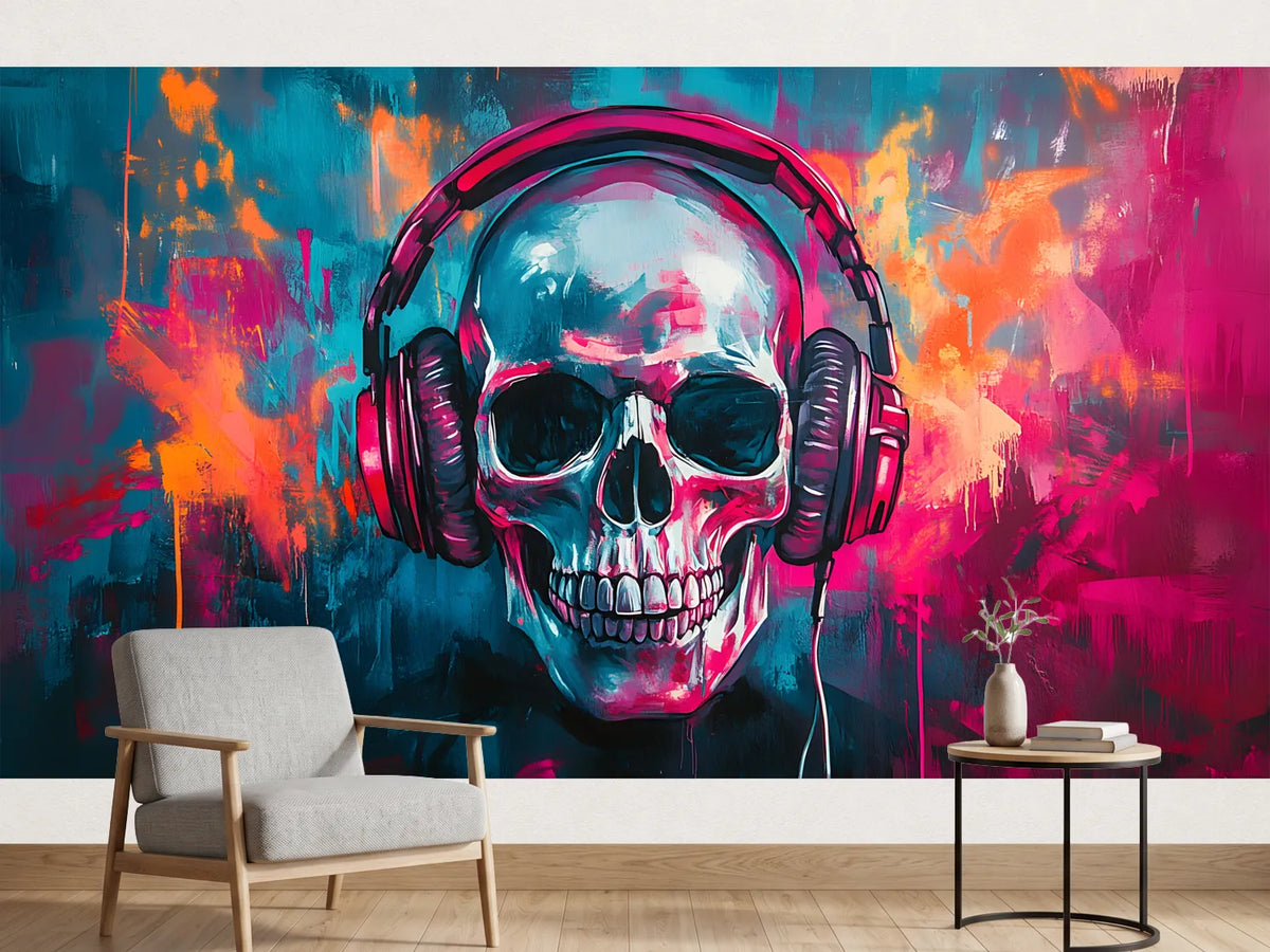 photo-wallpaper-skull-with-headphones-against-neon-pink-and-turquoise