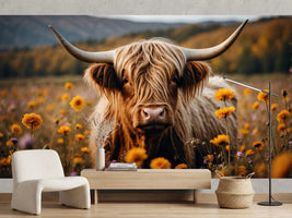 photo-wallpaper-highland-cow-among-yellow-wildflowers-with-shaggy-golden-coat
