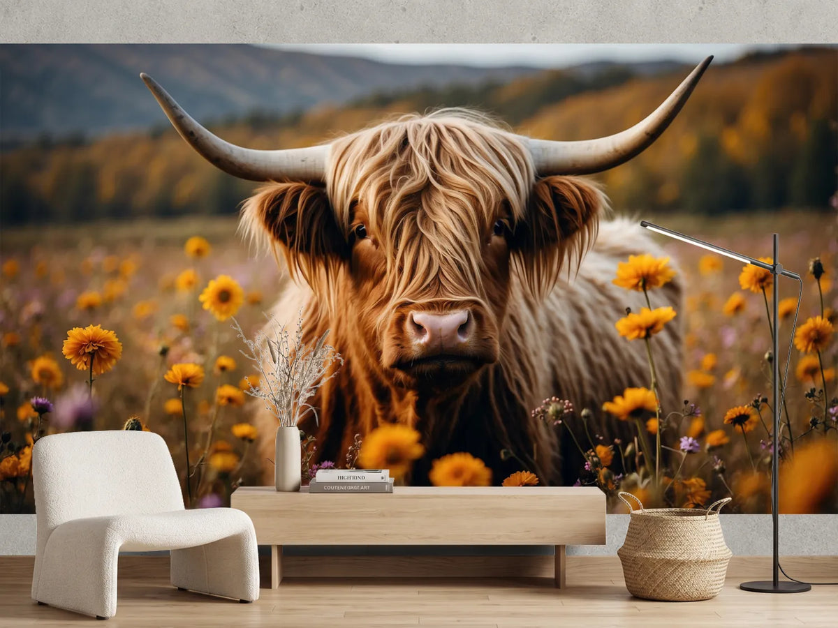 photo-wallpaper-highland-cow-among-yellow-wildflowers-with-shaggy-golden-coat