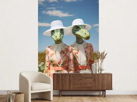 photo-wallpaper-two-dinosaur-ladies-in-floral-dresses-and-white-sun-hats