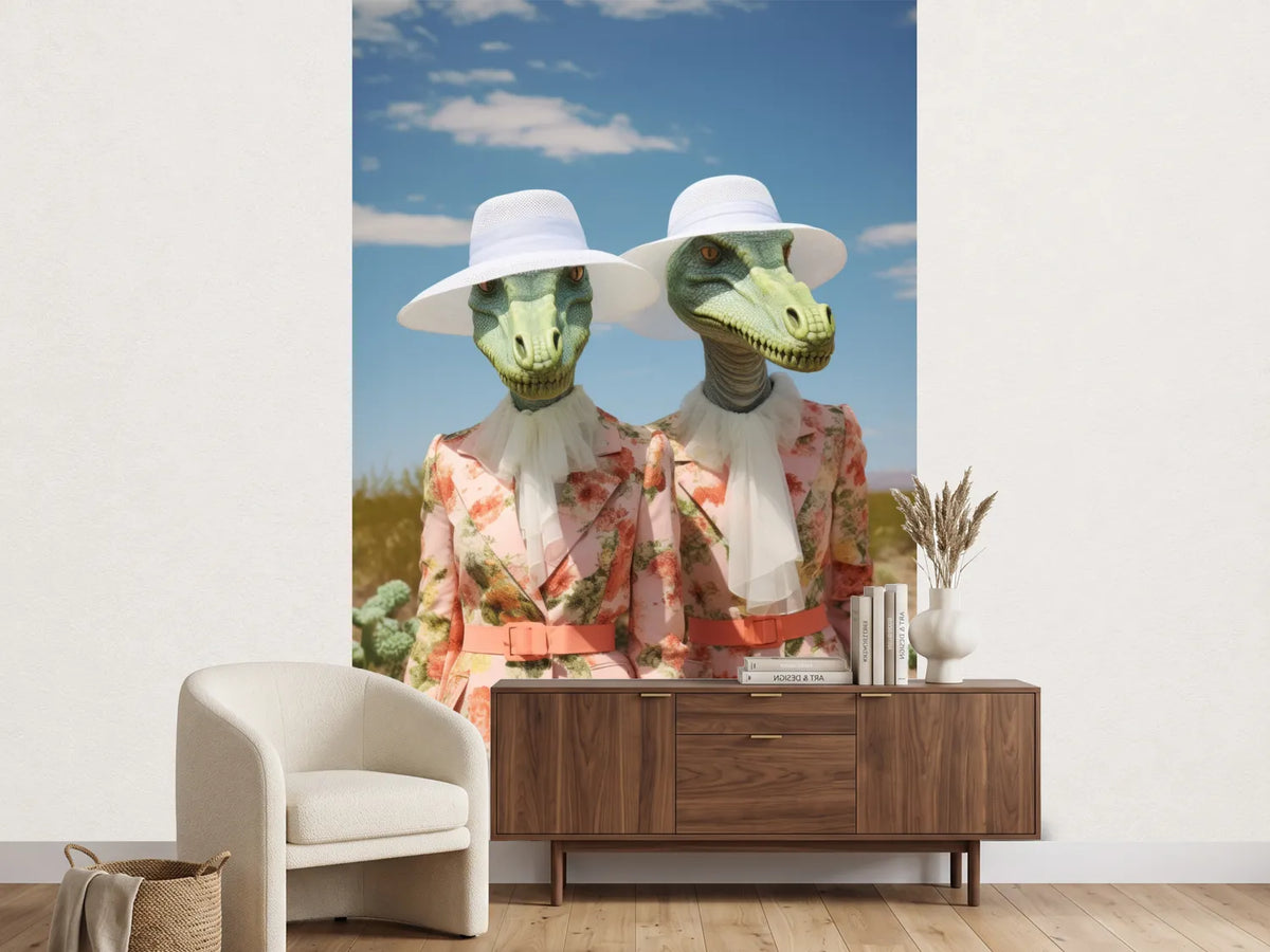 photo-wallpaper-two-dinosaur-ladies-in-floral-dresses-and-white-sun-hats