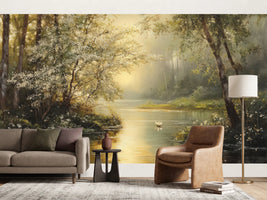 photo-wallpaper-still-river-through-blossoming-woodland-in-golden-morning-haze