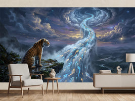 photo-wallpaper-tiger-on-a-cliff-edge-beside-a-starlit-waterfall-of-glowing-fish