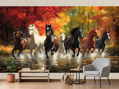 photo-wallpaper-herd-of-horses-galloping-through-a-river-before-blazing-autumn-foliage