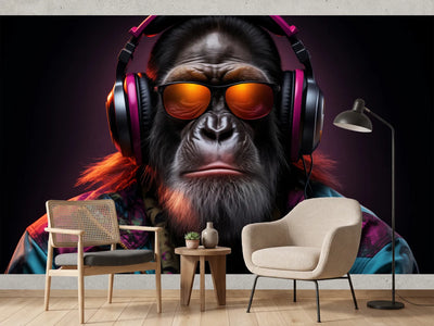 photo-wallpaper-ape-in-pink-headphones-and-orange-sunglasses-under-neon-light