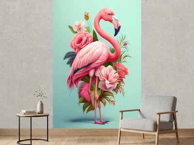photo-wallpaper-flamingo-adorned-with-roses-and-blossoms-on-soft-mint-green