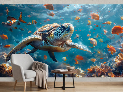 photo-wallpaper-sea-turtle-gliding-over-a-colourful-coral-reef-in-turquoise-light