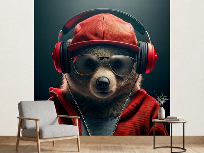 photo-wallpaper-portrait-of-bear-wearing-hat-and-headphone-with-generative-ai