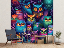 photo-wallpaper-colourful-owls-in-dark-night-foliage-glowing-illustration