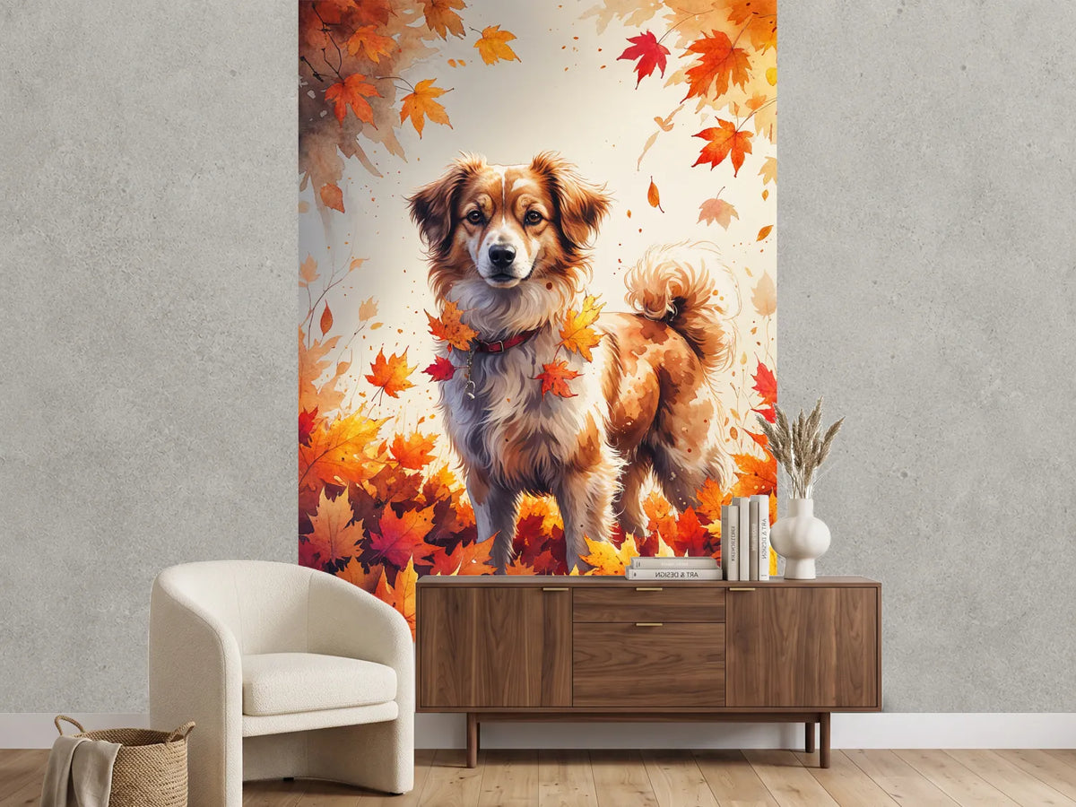 photo-wallpaper-cute-dog-in-autumn-leaves-watercolor-illustration