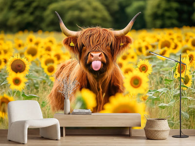 photo-wallpaper-a-highland-cow-with-huge-horns-standing-in-a-sunflowers-field