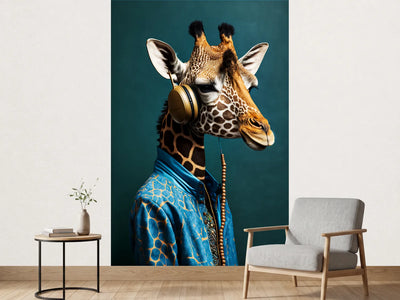 photo-wallpaper-giraffe-in-a-blue-silk-shirt-wearing-golden-headphones
