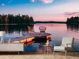 photo-wallpaper-two-wooden-chairs-on-a-wood-pier-overlooking-a-lake-at-sunset