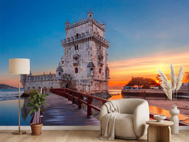 photo-wallpaper-belem-tower-at-fiery-sunset-with-red-walkway-over-the-tagus
