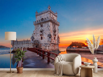 photo-wallpaper-belem-tower-at-fiery-sunset-with-red-walkway-over-the-tagus
