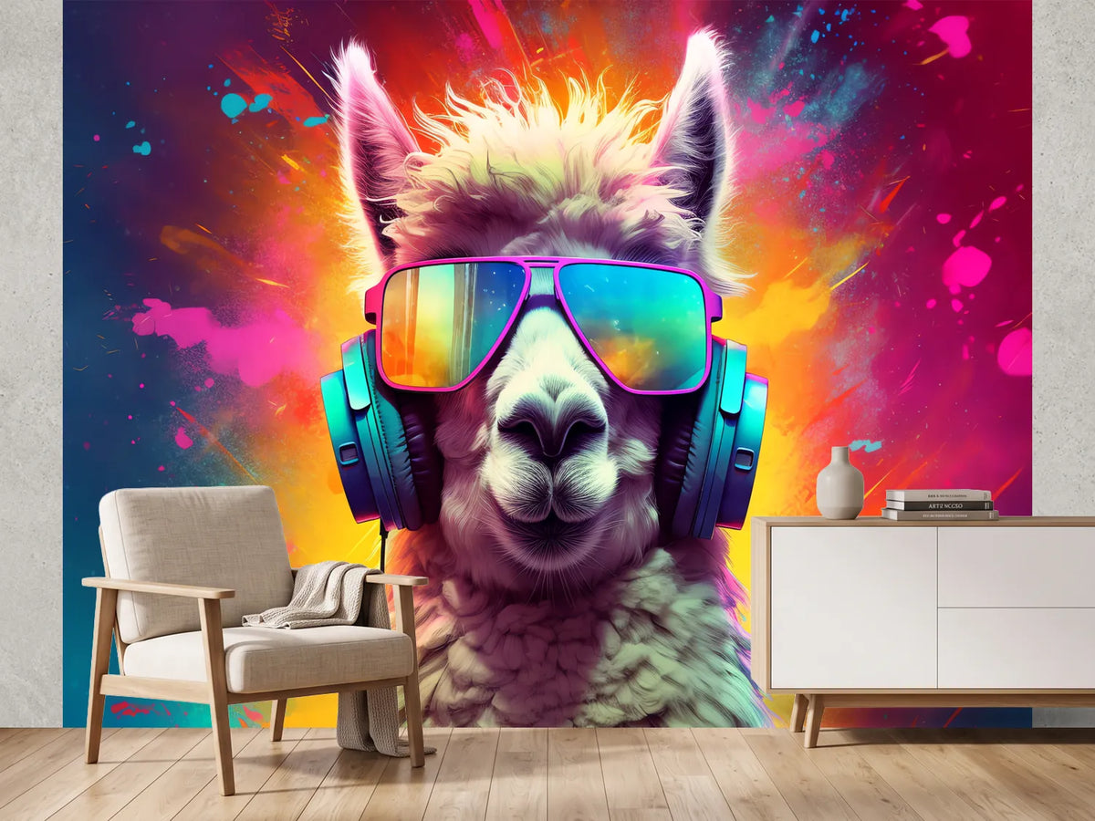 photo-wallpaper-llama-in-headphones-and-mirrored-shades-against-a-neon-colour-burst