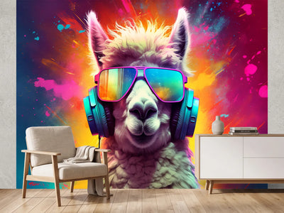 photo-wallpaper-llama-in-headphones-and-mirrored-shades-against-a-neon-colour-burst